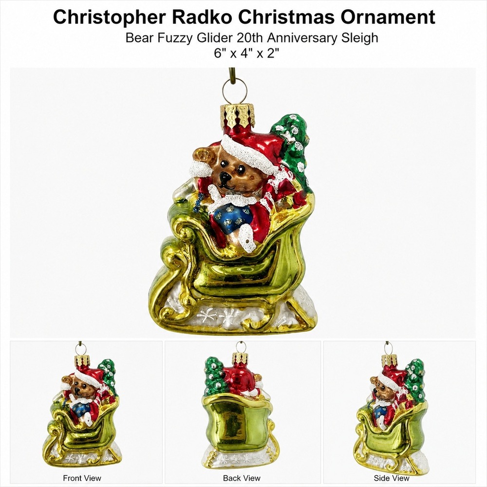Christopher Radko Teddy Bear in Sleigh Glass Christmas Ornament Poland
